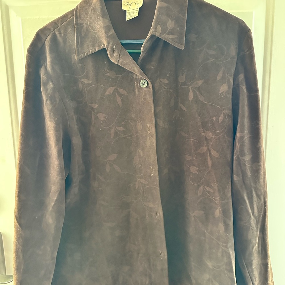 Chic Brown Suede Floral Design Button Down Light Jacket